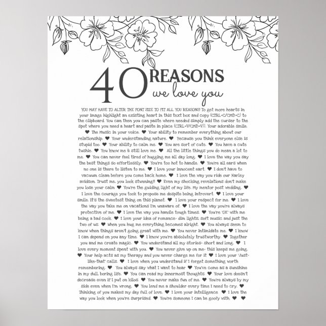 Affiche 40 reasons why we love you floral line drawing (Devant)