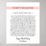 Affiche 40 things I love about you anniversary birth Poste<br><div class="desc">This is a DO IT YOURSELF XX Reasons why we love you. roses reasons we love you,  editable 50 Reasons,  60th birthday,  editable,  80th birthday,  memories,  love you,  mom,  retire You can edit the main body text. Designed by The Arty Apples Limited</div>