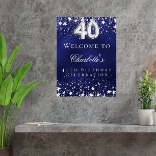 Affiche 40e anniversaire bleu argent stars bienvenue