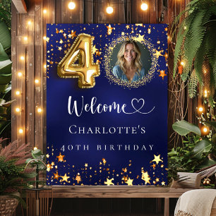 Affiche 40e anniversaire d'or bleu étoiles photo bienvenue