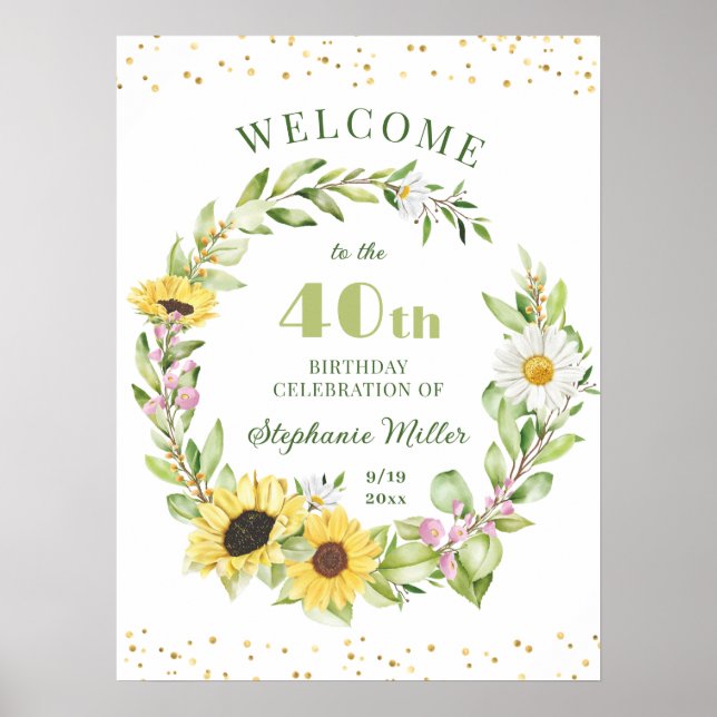 Affiche 40e fête d'anniversaire Tournesol Floral Bienvenue (Devant)