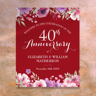 Affiche 40th Anniversary Watercolour Roses Welcome Sign