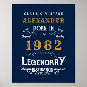 Affiche 40th Birthday 1982 Ajouter Nom Legendary Blue Gold