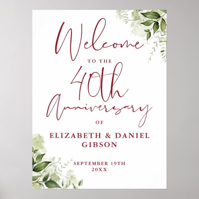 Affiche 40th Wedding Anniversary Greenery Welcome Sign (Devant)