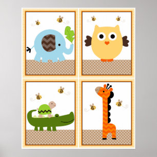 Affiche 4 en 1 Pile Jungle 8x10 pouces Pépinière Art/Poste