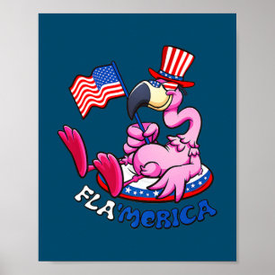 Affiche 4 juillet Flamant rose Flamerica Patriotique Améri
