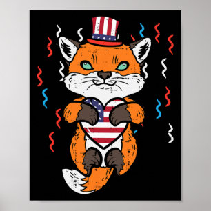 Affiche 4 juillet Fox American Flag Heart Patriotic Kids