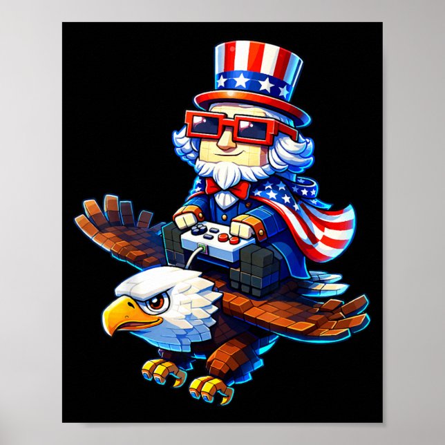 Affiche 4 juillet joueur patriote Oncle Sam Rétro Pixel (Devant)