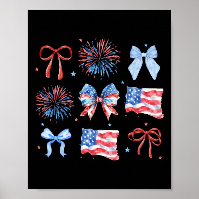 Affiche 4 juillet Rouge Blanc Bleu Coquette Bow Fireworks (Devant)