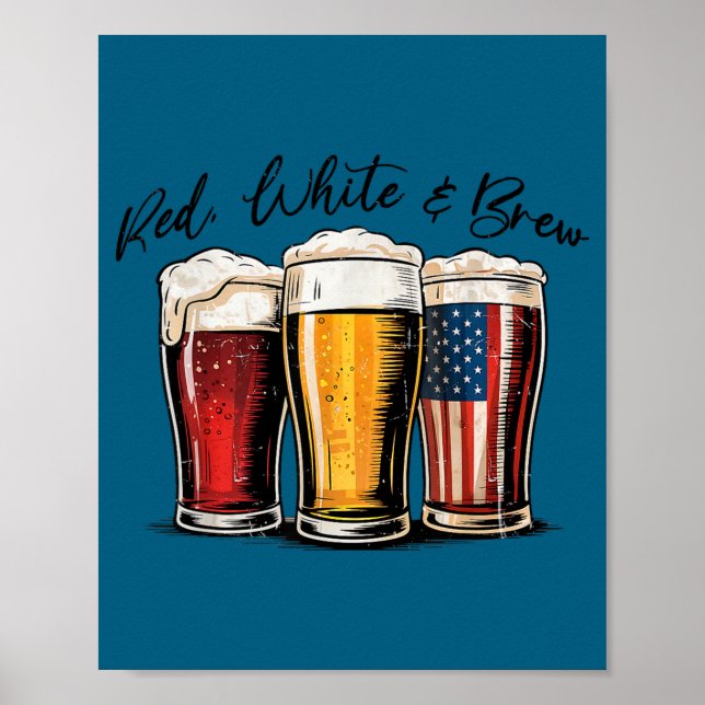 Affiche 4 juillet rouge blanc et bière brassée drôle améri (Devant)