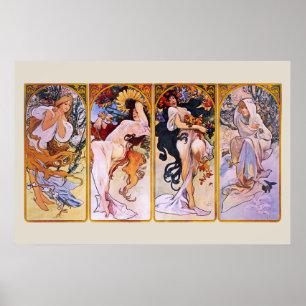 Affiche 4 Saisons par Alphonse Mucha, Art Nouveau Vintage