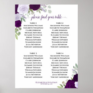 Affiche 4 Table Roses Violettes Plan de Table Élégant pour