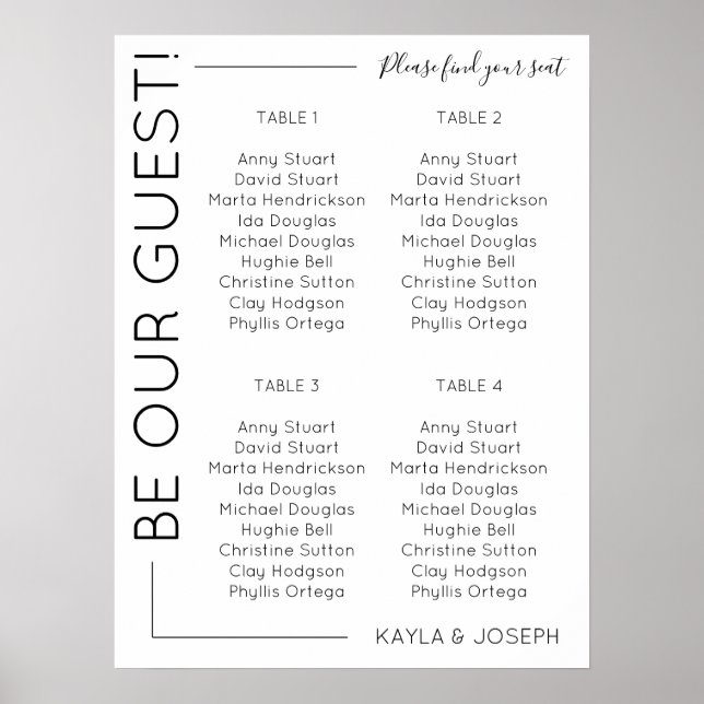 Affiche 4 tables Modèle de plan de table de mariage minima (Devant)