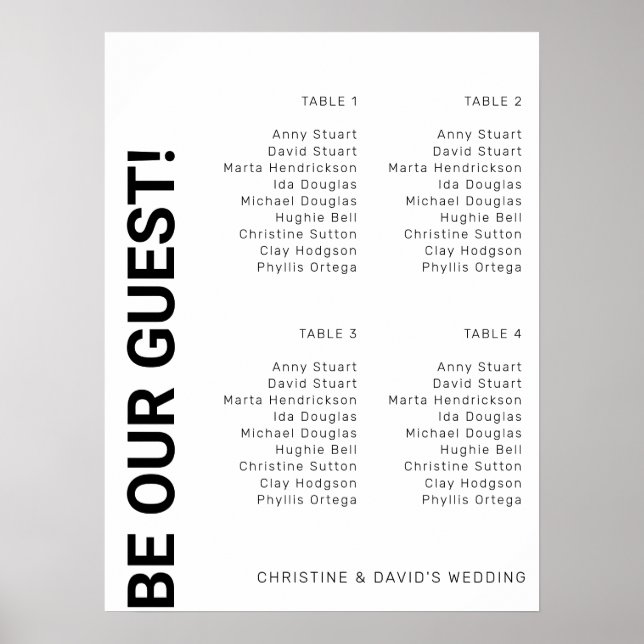 Affiche 4 tables Plan de table Simple Mariage Blanc (Devant)
