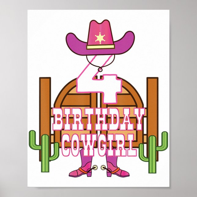 Affiche 4e anniversaire Cowgirl 4 ans fille Rodéo Lover (Devant)