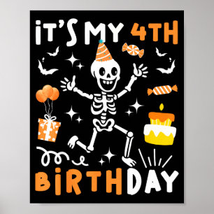 Affiche 4e anniversaire enfants drôle squelette 4e anniver