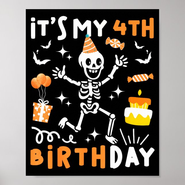 Affiche 4e anniversaire enfants drôle squelette 4ème anniv (Devant)