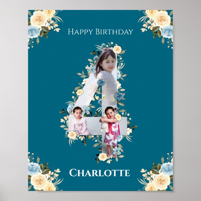Affiche 4e anniversaire Photo Collage Turquoise bleu jaune (Devant)