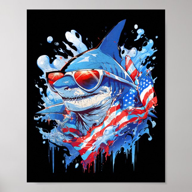 Affiche 4e Jour de l'Indépendance Patriotique Funny Shark  (Devant)