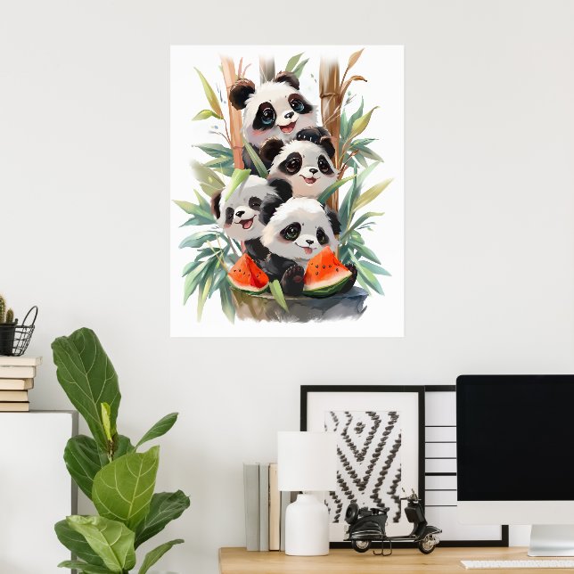 Affiche 4pandas et une pastèque (Bureau à domicile)