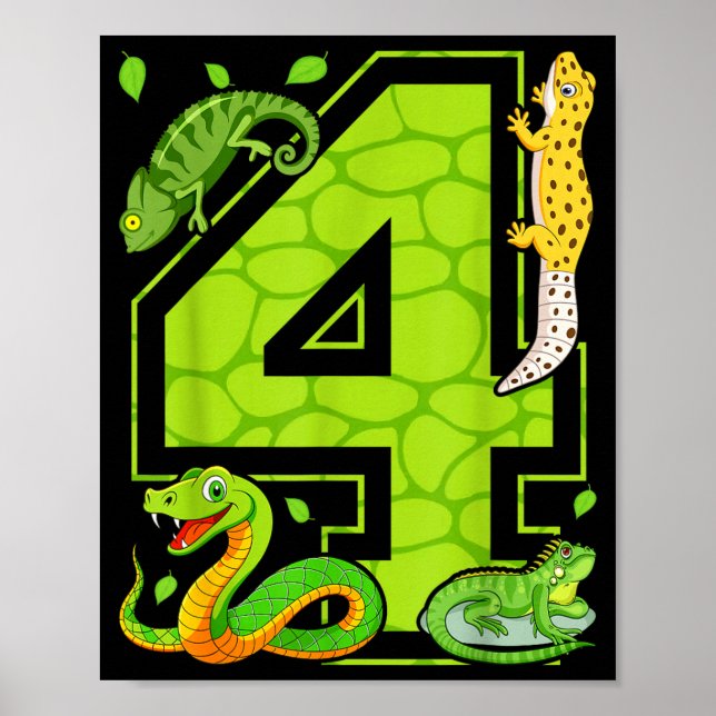 Affiche 4th Birthday Snake Lizard Reptile 4 Year Old Party (Devant)