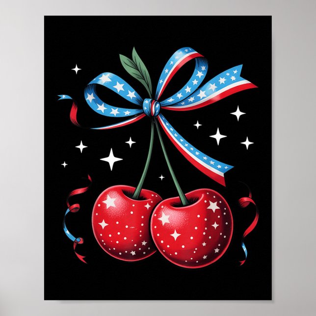 Affiche 4th Of July Cherries Coquette Bow Patriotic Cherry (Devant)