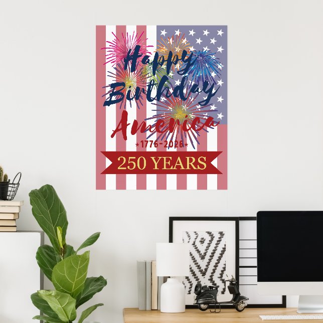 Affiche 4th of July Happy Birthday America USA 250th (Bureau à domicile)