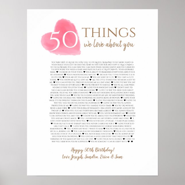 Affiche 50 choses que nous aimons à propos de vous aquarel (Devant)