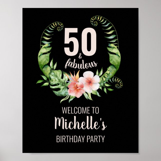 Affiche 50 et fabuleuse fête d'anniversaire noire rose vif (Devant)