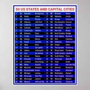 Affiche 50 États et villes capitales - Décor mural USA
