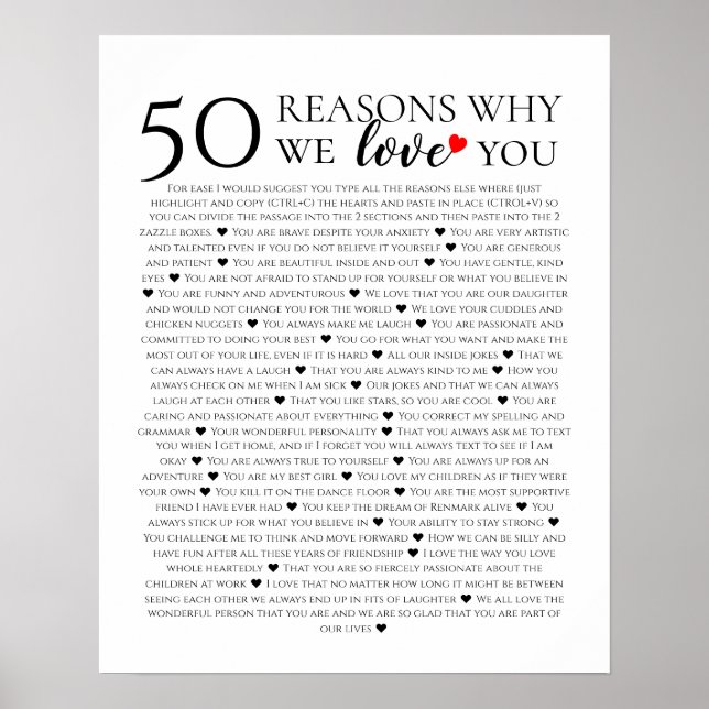 Affiche 50 Raisons pour lesquelles nous t'aimons Cadeau d' (Devant)