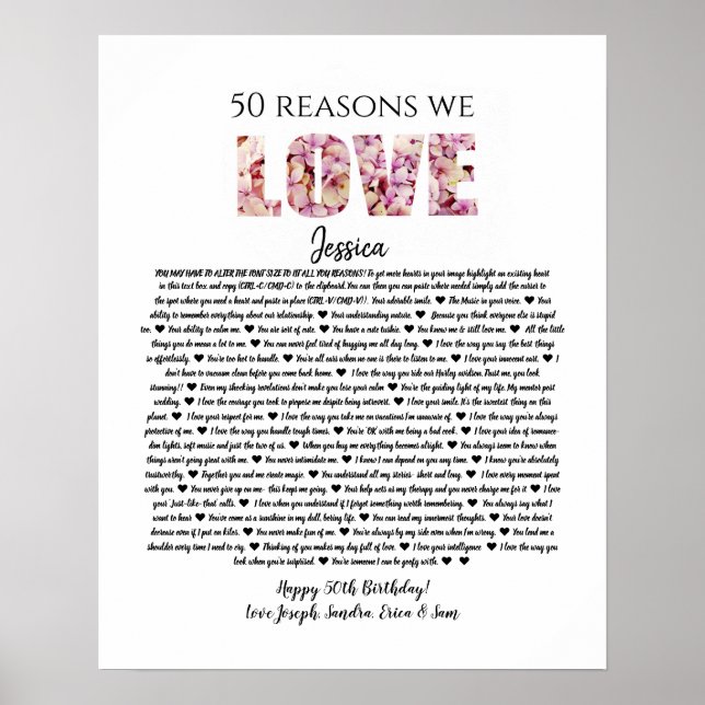 Affiche 50 raisons pour lesquelles nous t'aimons cadeau d' (Devant)