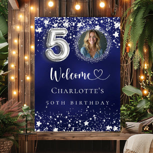 Affiche 50e anniversaire bleu argent étoiles photo bienven