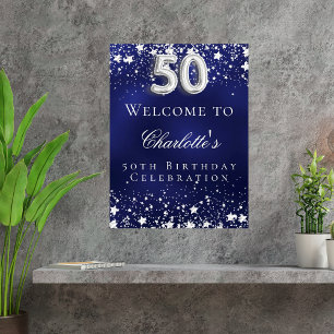 Affiche 50e anniversaire bleu argent stars bienvenue
