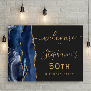 Affiche 50e Anniversaire Bleu Nuit Or Agate Foncé Bienvenu