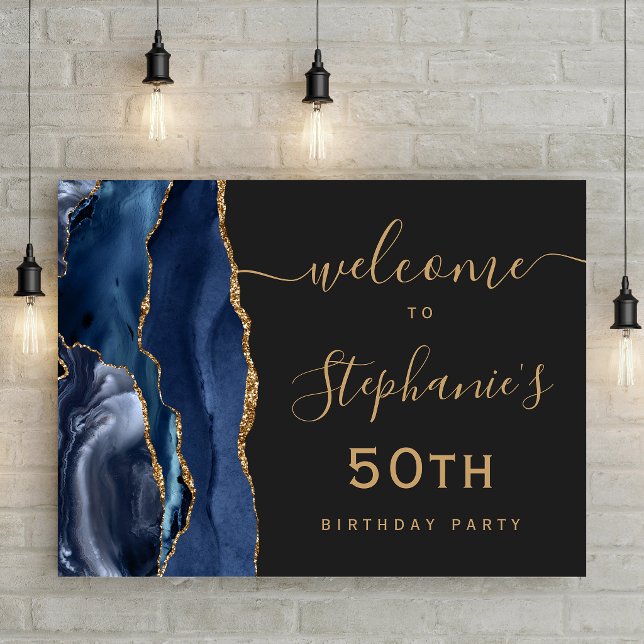 Affiche 50e Anniversaire Bleu Nuit Or Agate Foncé Bienvenu (Créateur téléchargé)