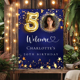 Affiche 50e anniversaire bleu or étoiles photo bienvenue