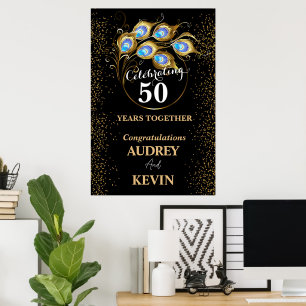 Affiche 50e anniversaire de mariage aux plumes de paon