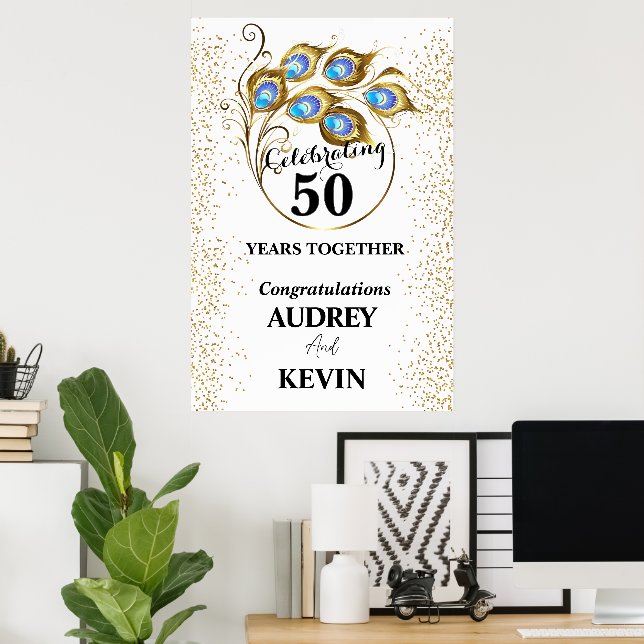 Affiche 50e anniversaire de mariage Plumes de paon (Bureau à domicile)