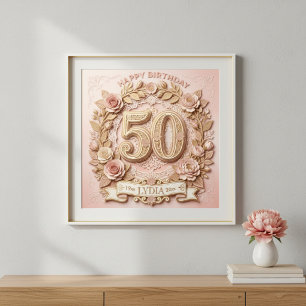 Affiche 50e Anniversaire Élégant Style Papercut Floral