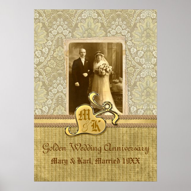 Affiche 50e anniversaire Mariage Antique Damask Or (Devant)