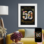Affiche 50e photo Mariage d'or Collage photo personnalisé<br><div class="desc">Cadeau personnalisé pour le 50e anniversaire de Mariage d'or pour les parents. Cette affiche en noir et or présente un collage photo en forme de 50 avec un cadre élégant de style art déco et une typographie de script ornée. Le modèle est configuré pour vous permettre d'ajouter vos noms, texte...</div>