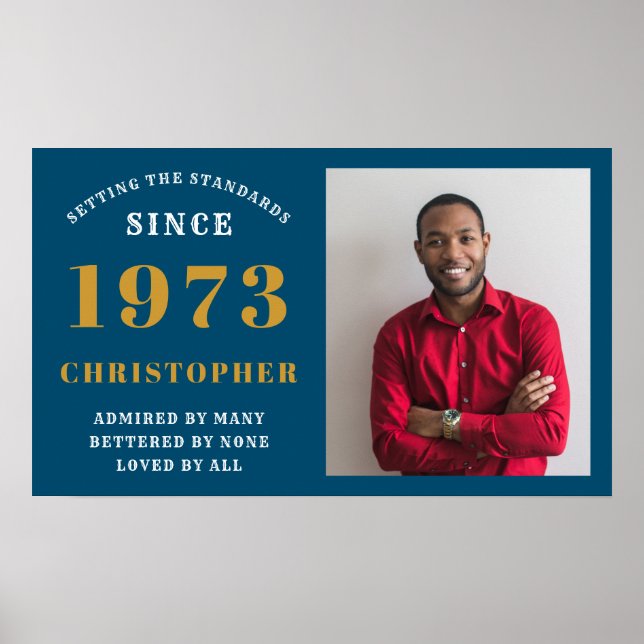 Affiche 50th Birthday Born 1973 Ajouter Nom Blue Gold Phot (Devant)