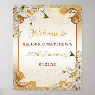 Affiche 50th Gold Glitter Frame Floral Wedding Anniversary