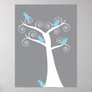 Affiche 5 Oiseaux Bleus dans un Arbre (Fond Gris) Impressi