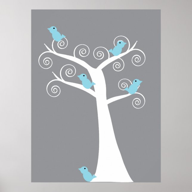 Affiche 5 Oiseaux Bleus dans un Arbre (Fond Gris) Impressi (Devant)