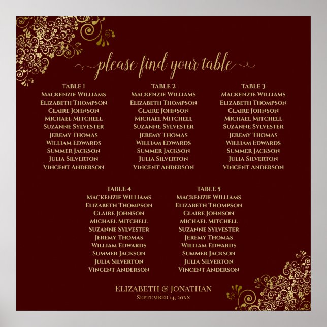 Affiche 5 Table Auburn Wedding Seating Chart Lacy Gold (Devant)