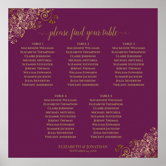 Affiche 5 Table Magenta Plum & Or Plan de Table de Mariage (Devant)
