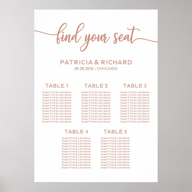 Affiche 5 Tables Rose Gold Mariage Siège SIGNE (Devant)