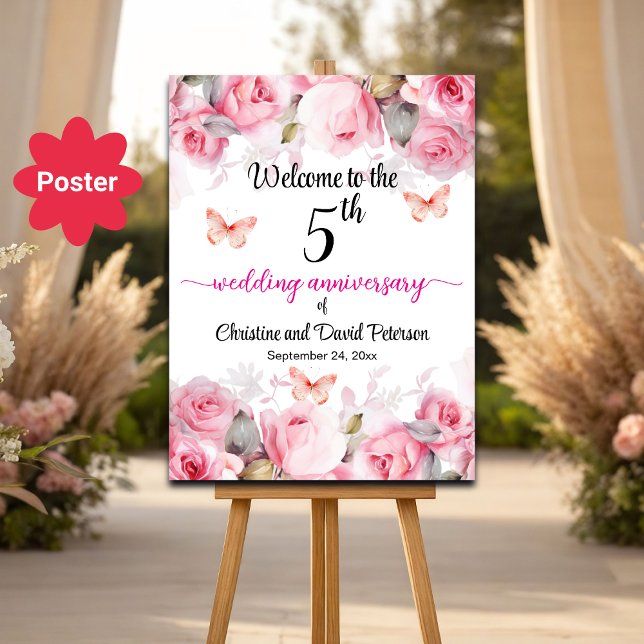 Affiche 5e anniversaire Mariage Blush Roses Bienvenue (Créateur téléchargé)